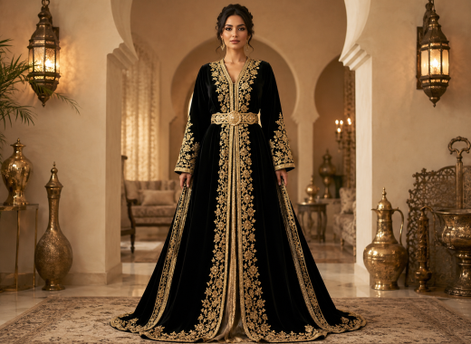 Royal Black Gold Velvet Takchita