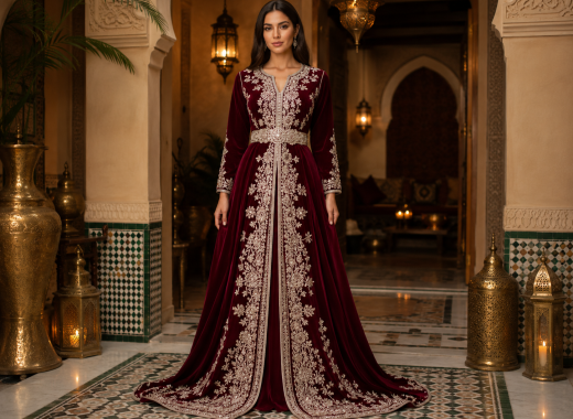 Burgundy Silver Embroidered Takchita