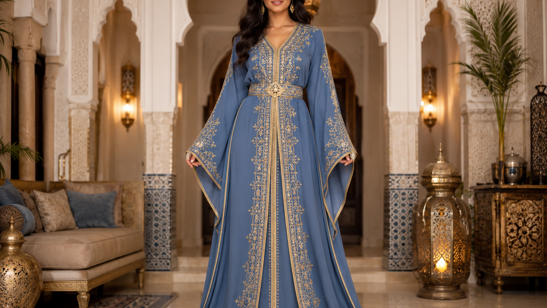Stofblauwe gouden flow kaftan
