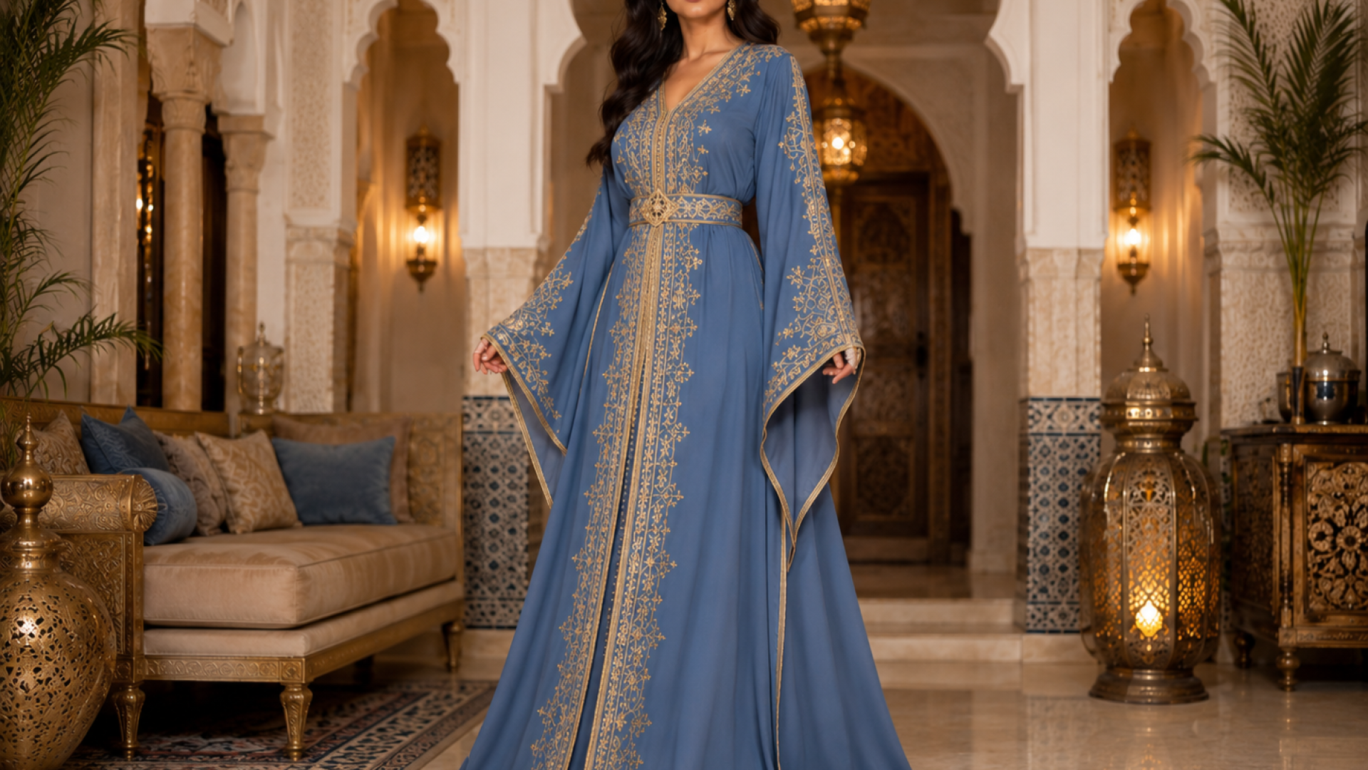 Stofblauwe gouden flow kaftan