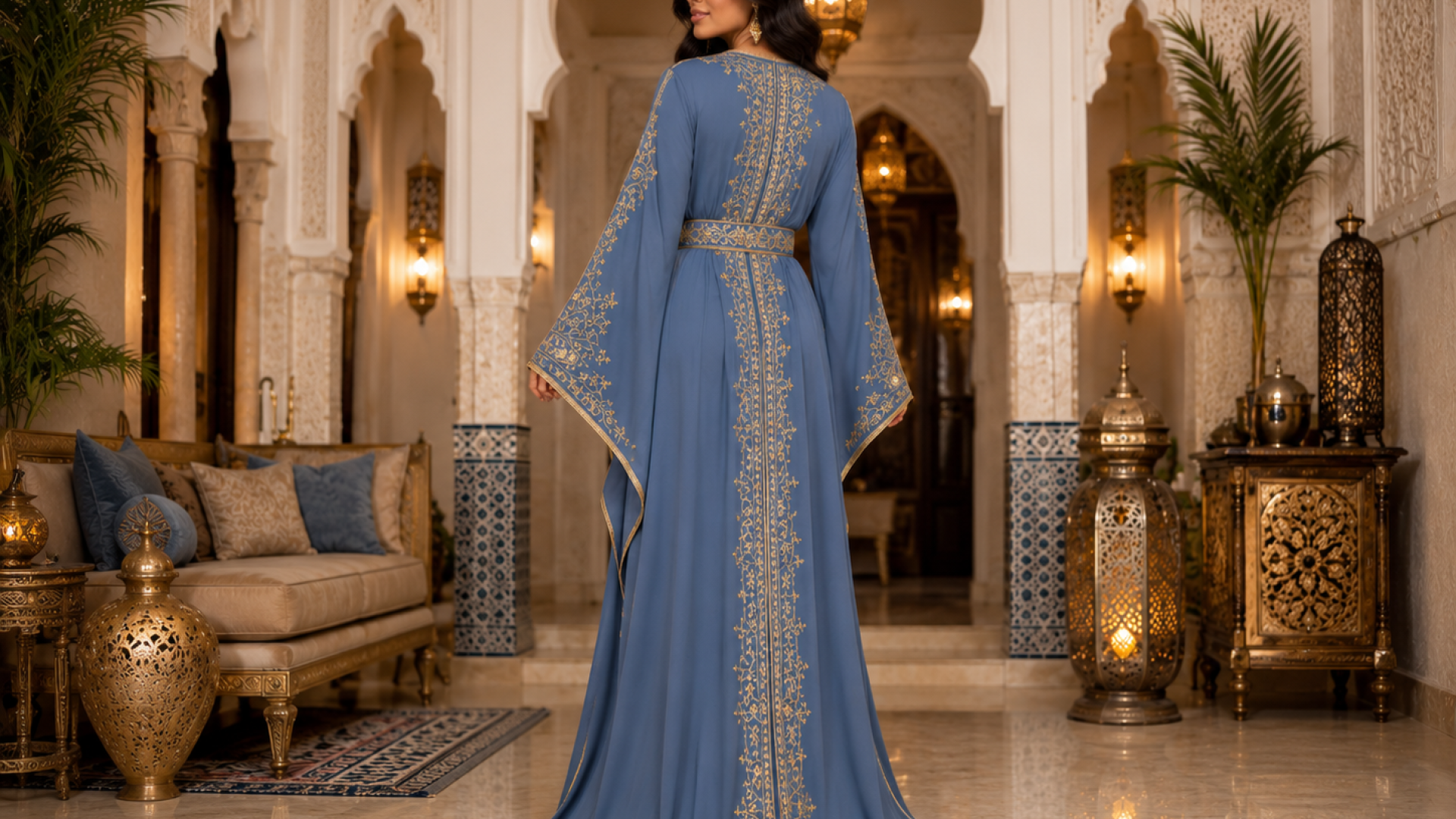 Stofblauwe gouden flow kaftan