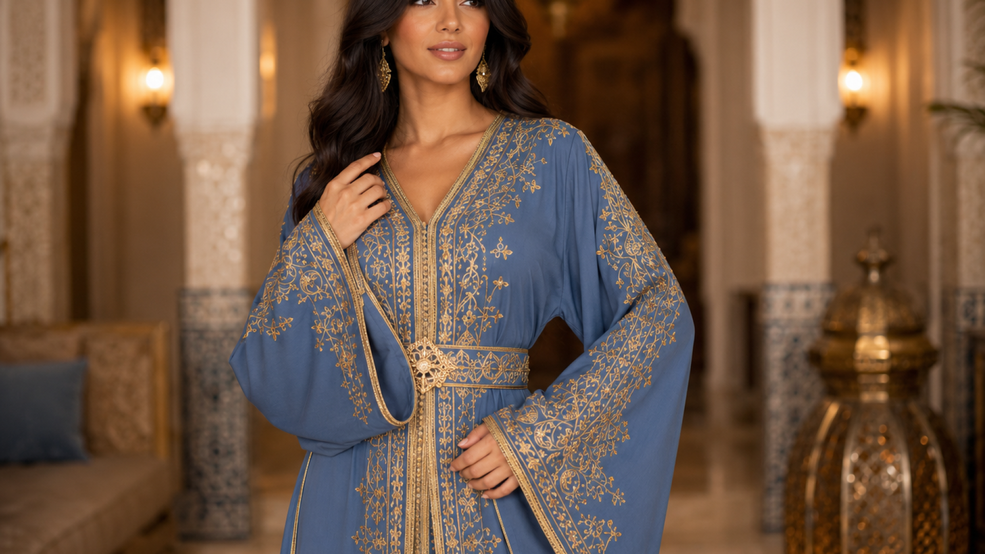 Stofblauwe gouden flow kaftan