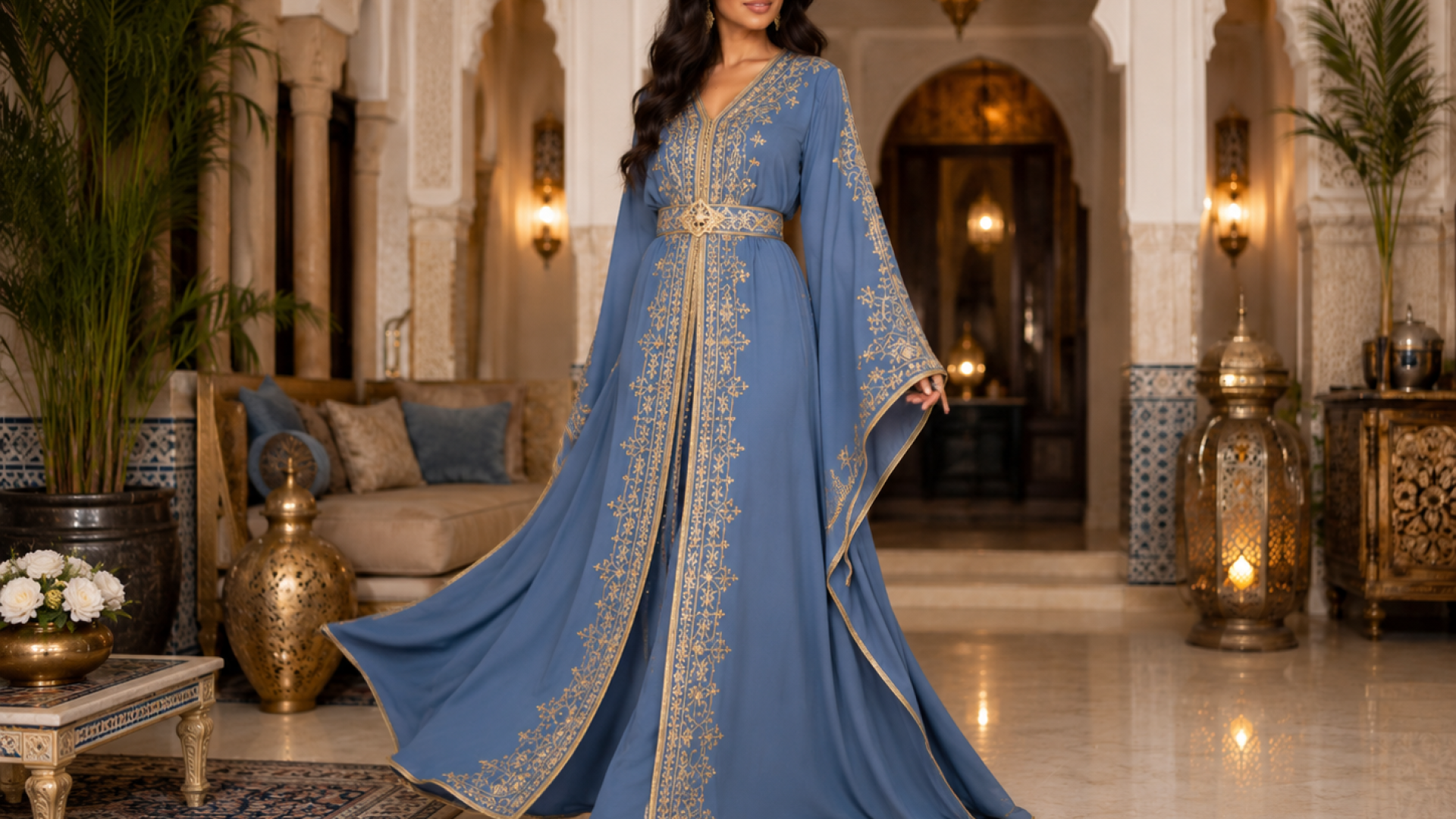Stofblauwe gouden flow kaftan